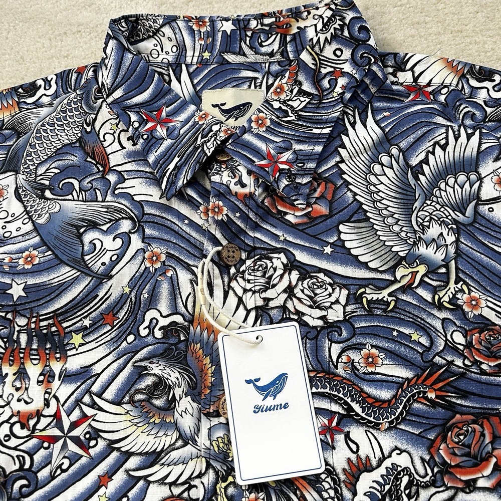 Yiume Hawaiian Shirt Men's XL Button Up Japanese Art Coy Fish Eagle Dragon